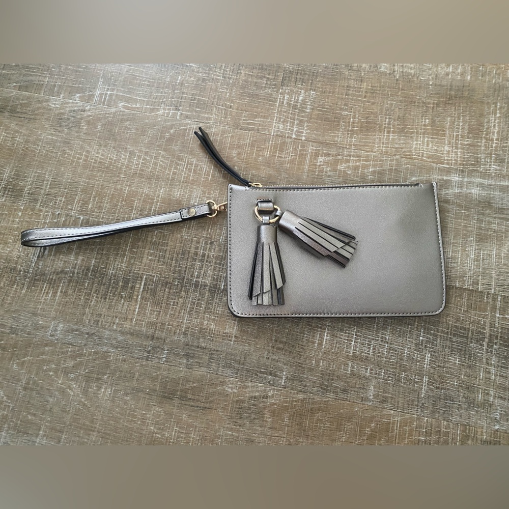 Melie Bianco Metallic Gray Wristlet with Tassels